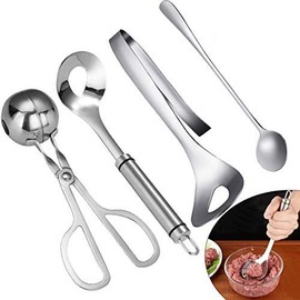 Aulufft 4 Pcs Meatball Maker Meat Baller Spoon Stainless Steel Meatball Making Tool Non-Stick Meatball Spoon Maker Meatball Scoops with Long Handle for Kitchen DIY Cooking