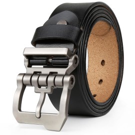 JingHao Men's Leather Belt, 110 cm - 160 cm, Denim Belt, Metal Retro Denim Large Waist Men's Belt, 38 mm Wide, Black, Brown, LA10, black 1