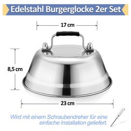 HaWare Burger Bell, Pack of 2 Stainless Steel Burger Bell with Rubber Handle, Burger Caps Melting Bell for Grill, Steak, Cheese, Cheese, Teppanyaki, Outdoor and Indoor, Dishwasher Safe - 23 x 8.5 cm