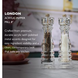 Cole & Mason London Refillable Spice Mill - Kitchen & Home Accessory - Table Black Pepper Grinder - Pepper Mill with Carbon Steel Mechanism - 8", Acrylic