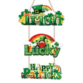 Aurlan St Patricks Day Door Hanger,Happy St Patricks Day Decorations,Shamrock Hanging Sign for Front Door,Irish Blessing Wall Decor,Rainbow Lucky Irish Wreath Signs for Outdoor Home Office Party Gift