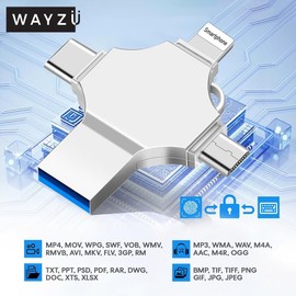 Wayzu® 64GB 4-in-1 USB Flash Drive – Lightning, USB-C, Micro USB & USB-A Memory Stick – High Speed OTG External Storage for iPhone, Android, iPad, MacBook, PC – Metal Portable Pen Drive (Silver)