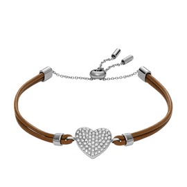 Fossil Women's Sadie Glitz Heart Brown Leather Strap Bracelet, JF04675040