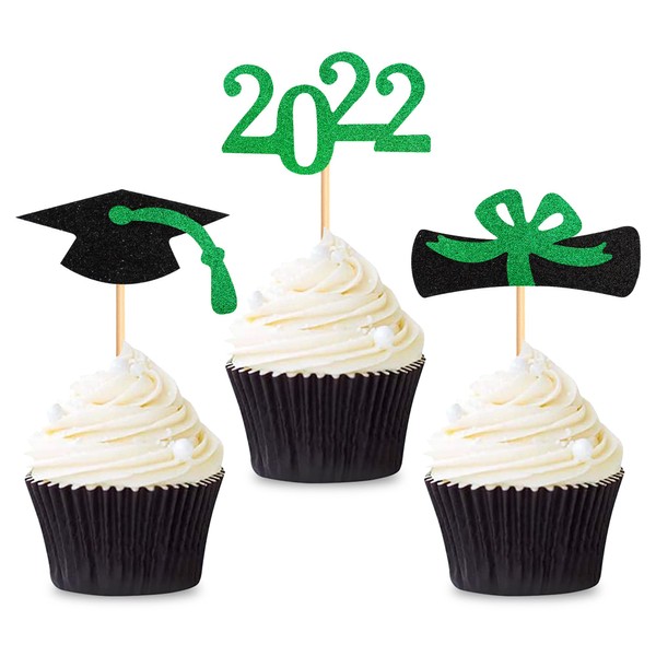 Keaziu Paquete de 24 adornos para cupcakes de graduación 2022 2021 con tapa de graduado, suministros para fiestas, decoración verde