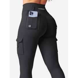 YEOREO CoreFlex Gym Workout Cargo Leggings with Pockets for Women Hidden Scrunch Butt Lifting Yoga Pants Black L