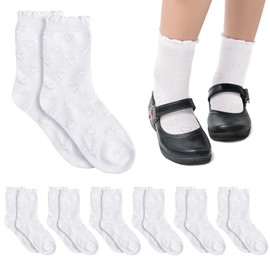 Halfchet 10 Pairs Girls Ruffle Socks White Cotton Short Socks Textured Dress Socks Heart Pattern Socks School Uniform Socks for Girls 6-8