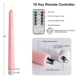 Eywamage Pink Flickering Flameless Taper Candles with Remote, Battery Operated LED Wax Candlesticks Set of 6