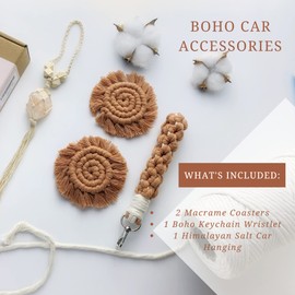 IWALYA Boho Car Accessories Set- 4 Pieces Cute Car Accessories for Women - 2 Rose Pink Car Coasters, 1 Car Mirror Hanging Accessories and 1 Car Keychain- Ideal Gift Set and Car Decorations for Women