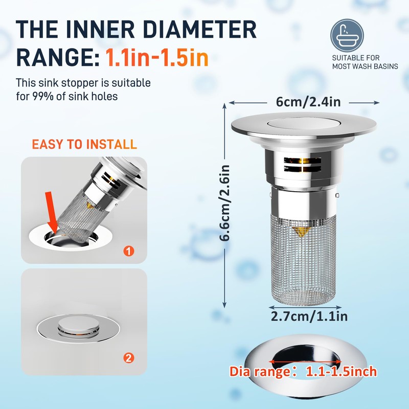 2 x Bathroom Sink Drain Strainer, Pop-up Sink Drain Strainer