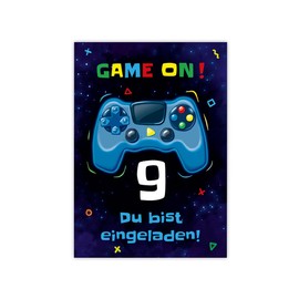 Minkocards 12 Invitation Cards for 9th Children's Birthday Boy Gamer Party Including 12 Envelopes Invitations Ninth Boys Birthday Invitations