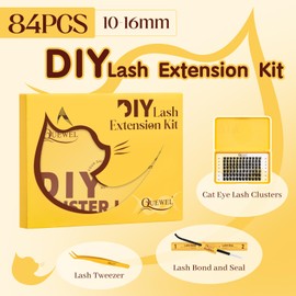 QUEWEL Cluster-Lashes Kit, Individual-Eyelashes Kit 10-16mm Cat Eye Lash Clusters 84Pcs Bond and Seal Lash Kit, DIY Lash Extensions at Home(Kitten Kit)