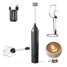 Hemixye Rechargeable Milk Frother Wand with Stand-Electric Whisk 3 Speed Adjustable,Drink Mixer Handheld with 2 Stainless steel Stirrers,Hand Coffee Frother for Lattes Cappuccino Protein Powder Egg