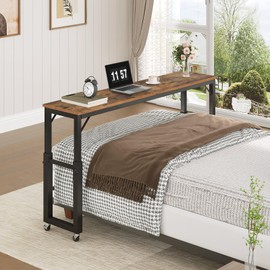 MAHANCRIS Overbed Table with Wheels, Queen Size Mobile Bed Desk with Adjustable Height, Rolling Table, Dining Table, Computer Desk, for Bedroom, Living Room, Office, Rustic Brown MTHR18001
