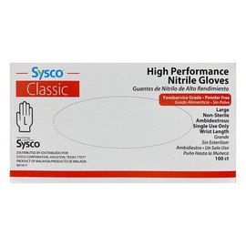 SYSCO HIGH Performance Nitrile Gloves Large Powder Free, Blue, Clear, 100 Count