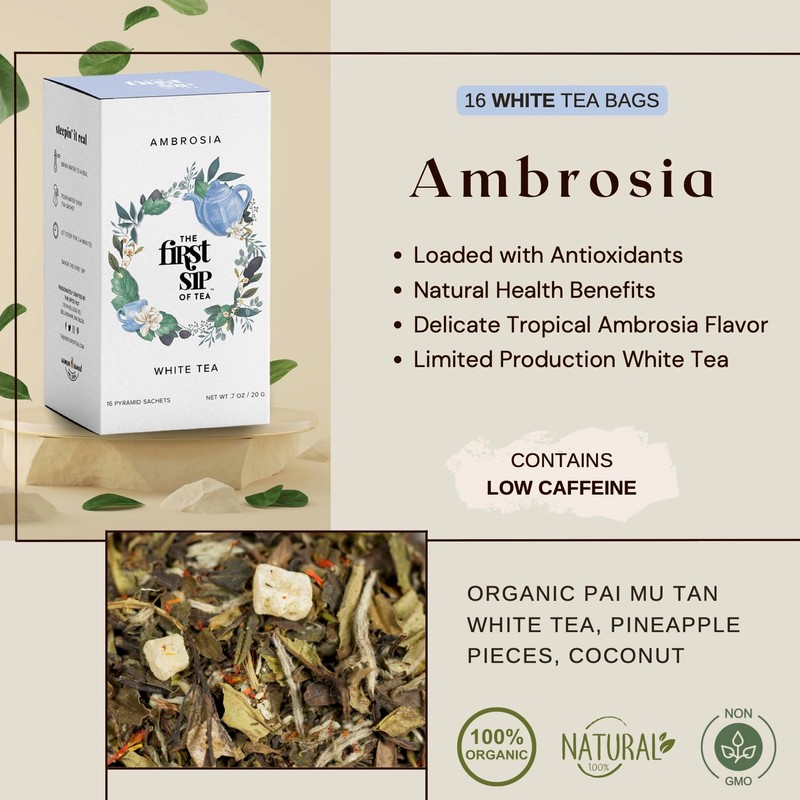 Ambrosia White Tea, Pyramid Sachet Tea Bags, Pai Mu Tan