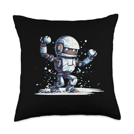 Funny Cyborg Snowball Fights Cute Little Robot Loves Snowball Fights Throw Pillow, 18x18, Multicolor