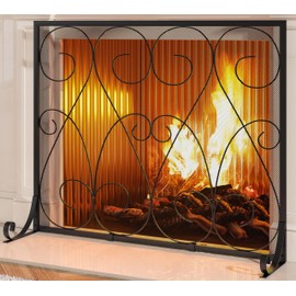 Kingson Single Panel Handcrafted Wrought Iron Symmetric Scroll Flat Fireplace Screen with Sturdy Steel Frame Durable Metal Mesh Decorative Free Standing Fireplace Spark Guard Black Finish