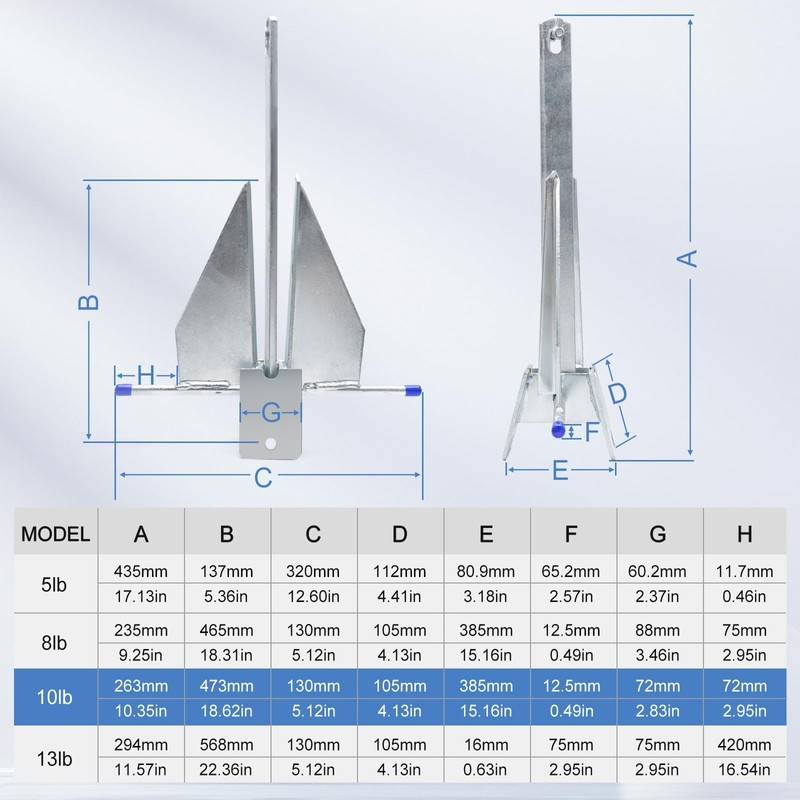 BocBoz 8LB Galvanized Danforth Fluke Anchor Kit Includes Galvanized Fluke