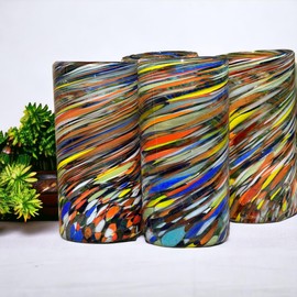 Handblown Confetti Swirl Glass Tumblers - Beautifully Crafted Water Glasses from Mexico (6.5 x 3)