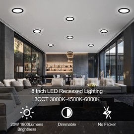 LZHOME 6 Pack 8 Inch LED Recessed Lighting with Junction Box Ultra-Thin, 3000K/4500K/6000K Selectable, 8" Dimmable Canless LED Downlight, 1800LM CRI80 High Brightness 5%-100% Recessed Light (Black)