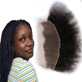 Kiss darling LASHES Raw Human Hair 13x4 Afro Kinky Curly Lace Frontal Closure Piece 10inch, Free Part Naturak Black Color with Baby Hair Bleached Knots