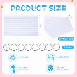500 Pcs Index Cards with Holes Punched Lined Flash Cards with Rings Metal Rings for Index Cards Ruled Single Hole Note Cards with Rings for Adults Kids Home Classroom Office (White, 5 x 8 Inch)