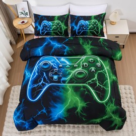Meeting Story Boy Bedding Set Twin, 3D Game Controller Design Twin Comforter, Gamer Themed Bedding Set for Kids(Bluegreen)