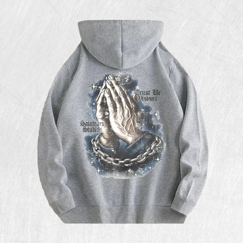 Praying Hands & Chain Graphic Hoodie 100% Cotton US Warehouse