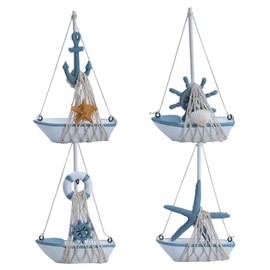 Sedubila Set of 4 Mini Sailboat Model Decorative Mediterranean Wooden Miniature Sailboat Home Decor Set, Beach Nautical Design, Blue and White, 4.4 X 6.8 in.