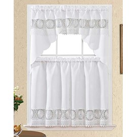 GOHD Daisy Dream. Kitchen Cafe Curtain Set for Small Windows. Satin Fabric with Matching Color Daisy Embroidery and Lace. (White, Swag and 36 inches Tiers Set)