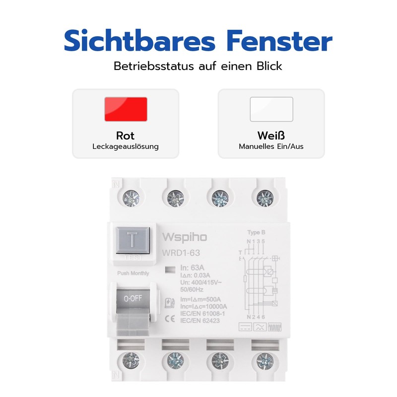 WSPIHO FI Circuit Breaker Type B 63A 30mA 4-Pin RCCB