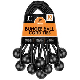 Xpose Safety Bungee Ball Cords 11" 10 Pack Heavy Duty Black Stretch Rope with Ball Ties for Canopies, Tarps, Walls, Cable Organization