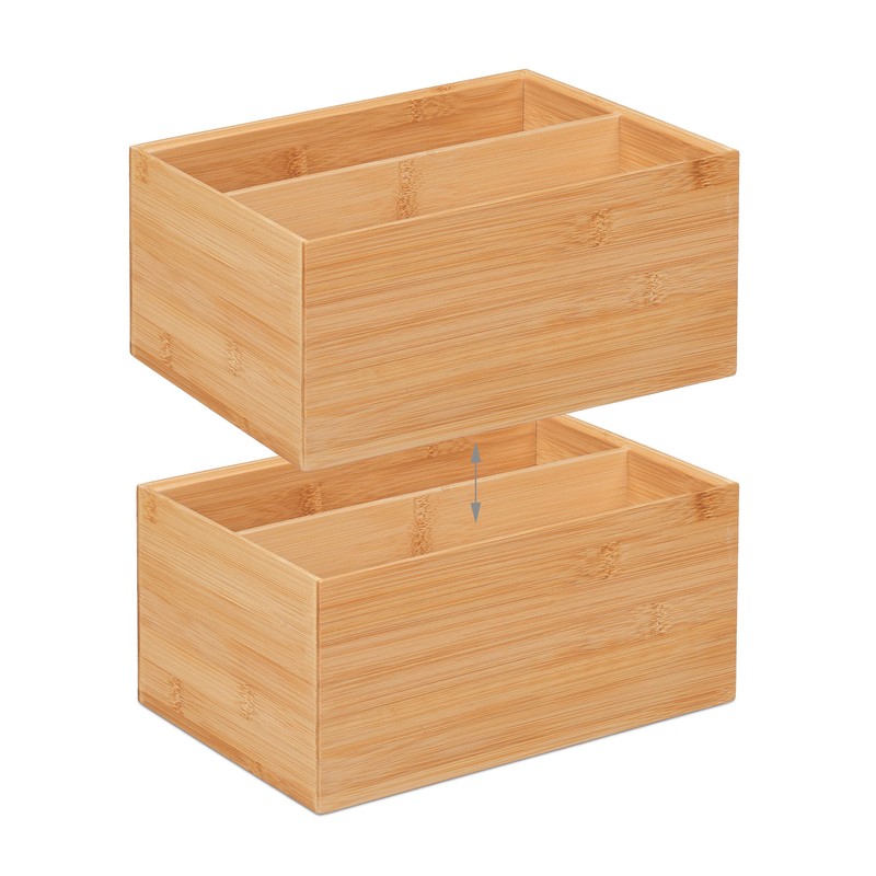 Relaxdays Bamboo Storage Box, Stackable, Bamboo Box with 2 Compartments,