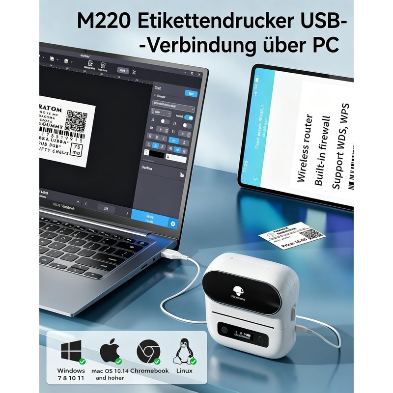 Phomemo M220 Bluetooth Label Printer, Portable Label Device, Bluetooth Thermal