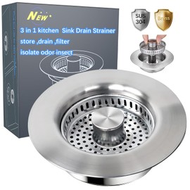 Sink Drain Strainer - Sink Stopper for Kitchen Drain,3 in 1 Kitchen Sink Drain Strainer with Anti Clogging Basket, Easy to Install Kitchen Sink Stopper for US Standard 3-1/2” Drain Hole