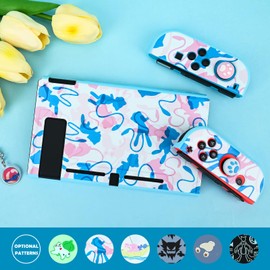 DLseego Dockable Case Design for Switch 2017, Anti-Slip Shock-Absorption Protective Soft Carrying Case and Joy Con Controller with 1 PCS Elf Ball Pendant and 2 Thumb Grip Caps-Pink Blue Flying Doll