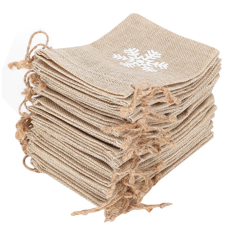 25Pcs Drawstring Bag Like Linen Snow Pattern Gift Bag Christmas