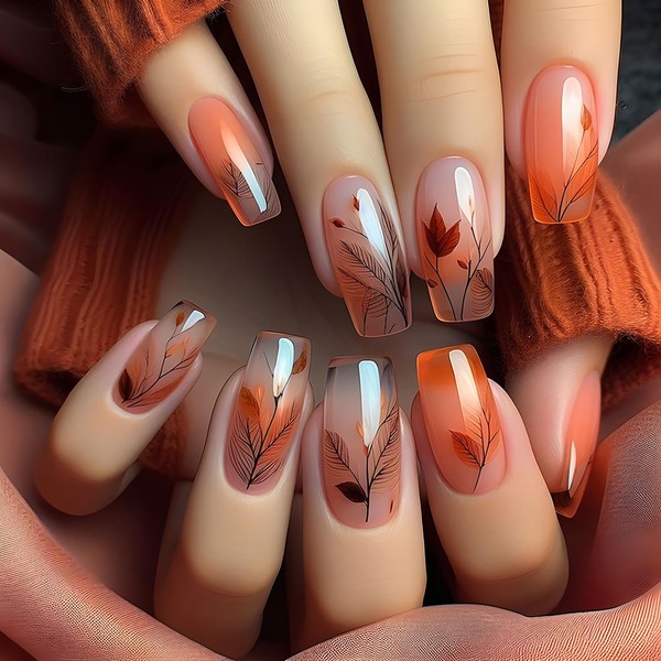 24Pcs Fall Coffin Press on Nails Medium Fake Nails Orange