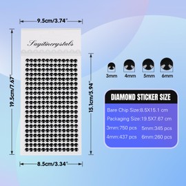 Uxney 8 Sheets Rhinestone Stickers，3584 Pcs Gem Stickers for DIY Face Eyes Makeup Hair（Black-3/4/5/6mm）
