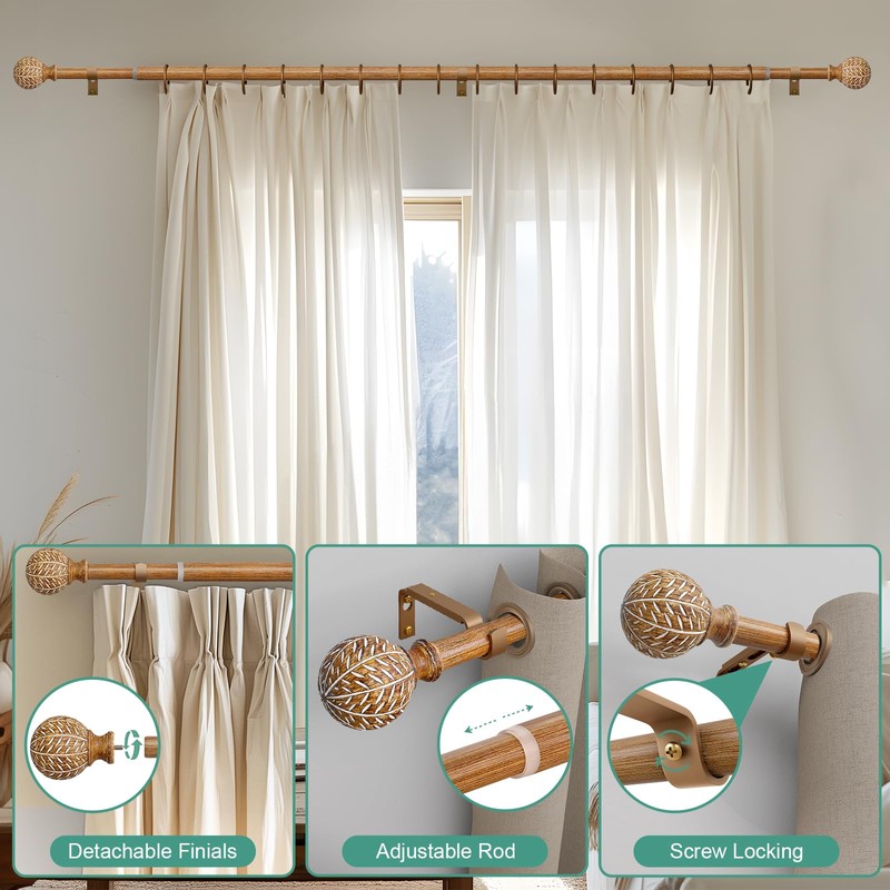 QDWIS Imitation Wood Grain Ball Curtain Rods for Windows 48