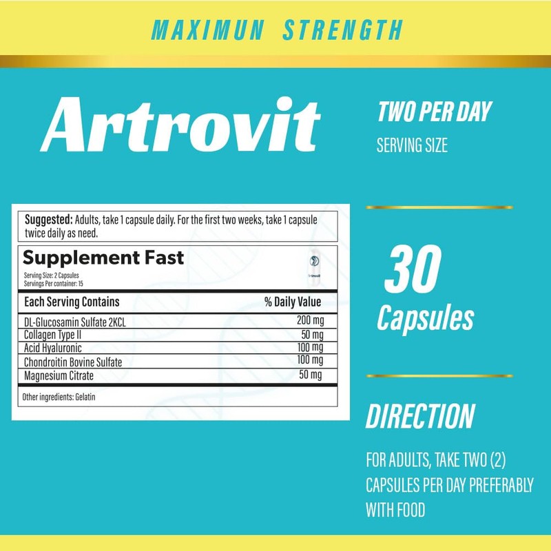 ARTROVIT x 30 caps.- Healthy Joints-Highest Potency 95%-Acid hyaluronic-Collagen-