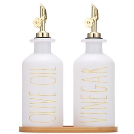 HOMCDALY Olive Oil Dispenser Bottle, Glass Oil Dispenser for Kitchen, Olive Oil Bottle for Kitchen, Gold Oil and Vinegar Dispenser Set, Oil Container, Oil Cruet| Set of 2 (11.8oz –P–Gold)