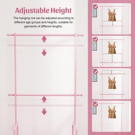 Vilaxing Kids Clothing Rack Bamboo with 2 Storage Baskets and 2 Adjustable Hanging Rods,Child Garment Holder with Shelf, Dress up Stand for Playroom,Toddlers Bedroom (Pink)