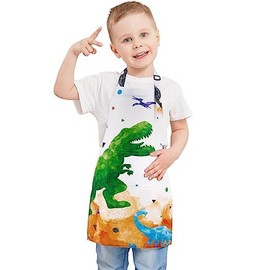 Dinosaur Kids Apron - Waterproof Polyester Aprons with Adjustable Strap and Pocket Kitchen Chef Aprons for Children Boys Cooking Baking Painting Party Christmas Birthday Gifts