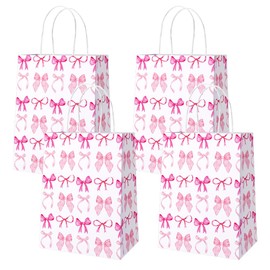 AIBIIN 24 Pcs Pink Bow Paper Gift Bags for Girls, Coquette Birthday Party Favor Bags with Handles Candy Bags for Pink Bridal Engagement Party Supplies