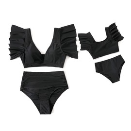IFFEI Mommy and Me Swimsuits Two Pieces Ruffles Bikinis Floral Print Family Matching Swimwear Girls: 3-4 Years Pure Black