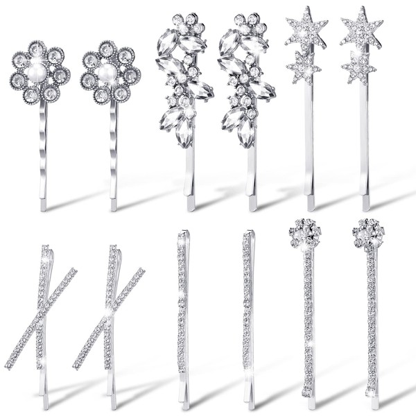 12 Pieces Rhinestone Bobby Pins Decorative Fancy Crystal Bobby Pins Shiny X Shaped Hair Clips Metal Hair Barrettes Bling Diamond Wedding Hair Accessories for Women Ladies Girls (Flower and Star Style)