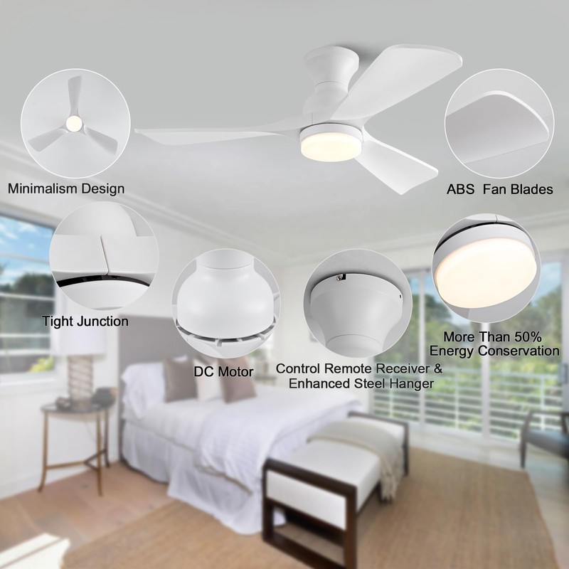 OMYU 42 inch Flush Mount Ceiling Fans with Lights, Dimmable,