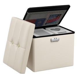 Tamfile Small Ottoman with Storage, 17 x 13 x 13 inch Fireproof Safe Folding Ottoman with Lock for Important Documents, Waterproof Foot Rest Stool with Storage, Ottoman Foot Rest with Handle, Beige