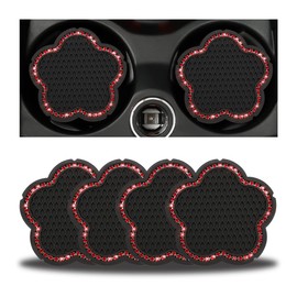 CGEAMDY 4 PCS Bling Car Cup Holder Pads, 7 Cm Crystal Anti-Slip Vehicle Cup Holder Insert Mats, Car Rhinestone Cute Plum Blossom Pattern Auto Drink Pads, Universal for Women Girls(Red)